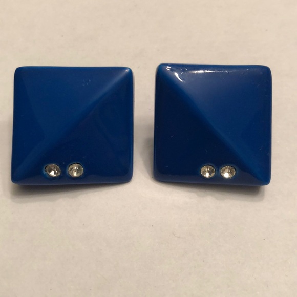Vintage 80’s Royal Blue Earrings 7/8” Square Rhinestones Pierced Ears - #427 - Picture 3 of 8